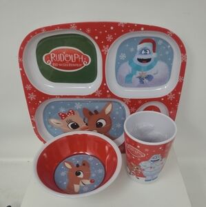 Rudolph The Red Nosed Reindeer Divided Plate Cup, Bowl Melamine Kids Dish Set